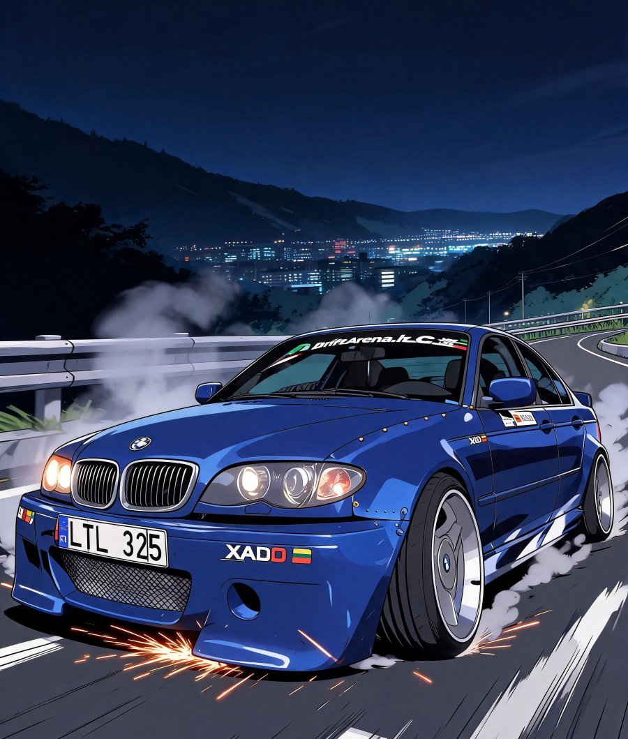 Anime stiil: sinine BMW E46 libiseb öisel mägiteel, sädemed ja suits