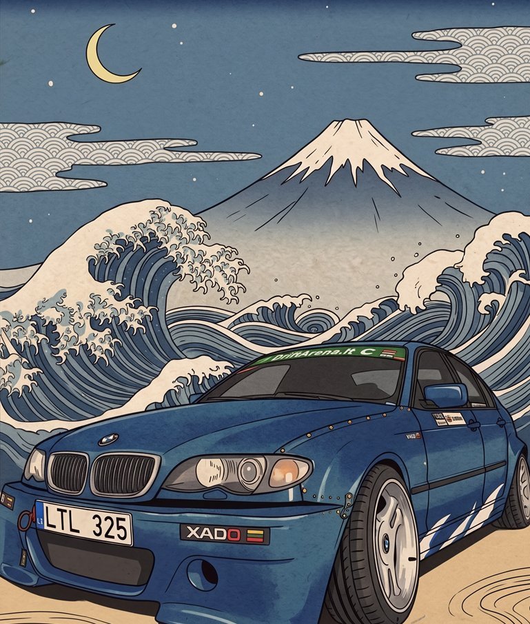 Jaapani puulõike stiilis BMW E46 portree